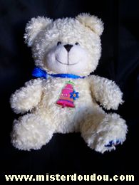 Doudou Ours Cobico Ecru cloche rose fleur bleue Ruban bleu