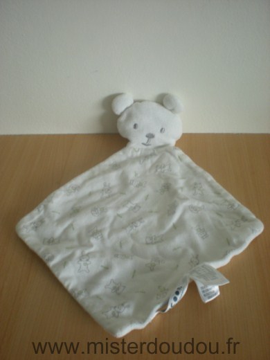 Doudou Ours Cocoon Blanc velour et blanc tissus imprié ours et lapins 