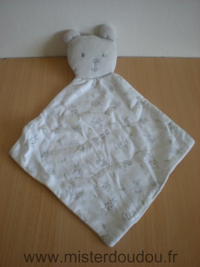 Doudou Ours Cocoon Gris blanc motifs ours et lapins 