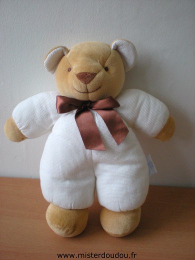 Doudou Ours Comptine Blanc noeud marron 