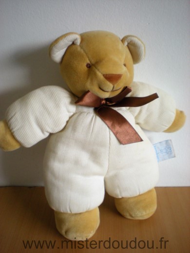 Doudou Ours Comptine Ecru beige ruban marron 