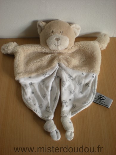 Doudou Ours Cp international Beige fourrure tissus imprime blanc 