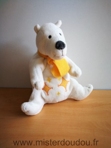 Doudou Ours Cp international Blanc etoiles jaunes 