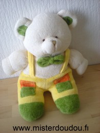 Doudou Ours Cp international En tricot ecru salopette jaune 