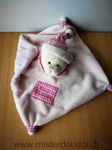 Doudou Ours Cp international Rose rayures bonnet vichy rose 