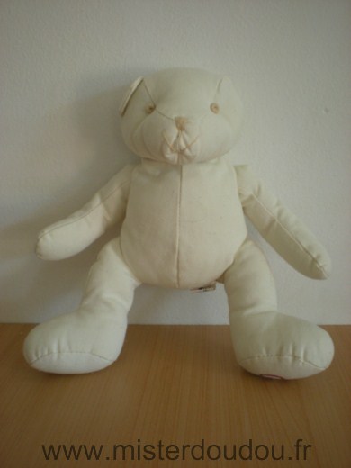 Doudou Ours Cyrillus Tissus blanc ecru avec cy rouge sous la patte 