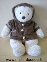 Doudou Ours Damart Beige manteau  a capuche marron Musique vive le vent quand on appuie sur sa patte