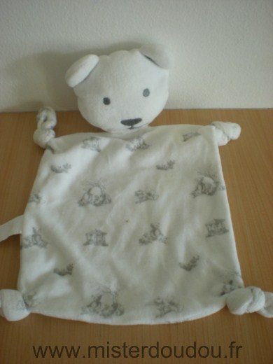 Doudou Ours De groote france Blanc motifs ours fleurs gris 