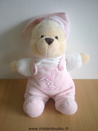 Doudou Ours Disney Winnie bonnet rose salopette rose avec lapin brodé 