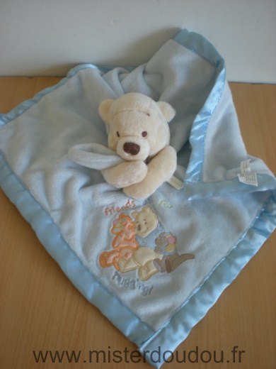 Doudou Ours Disney Winnie couverture bleu liseret satin bleu 