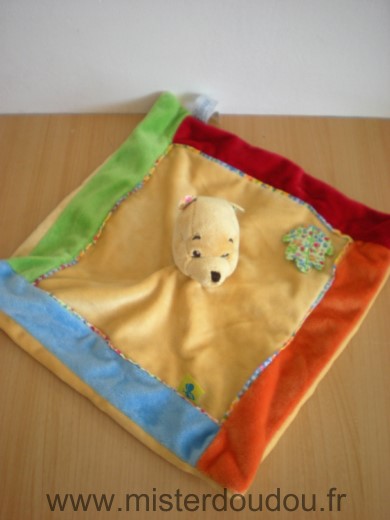 Doudou Ours Disney Winnie jaune bord bleu rouge orange vert feuille 