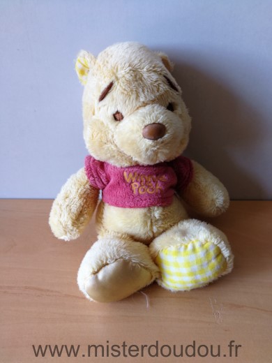 Doudou Ours Disney Winnie jaune dessous pattes satin vichy jaune 