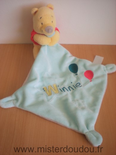 Doudou Ours Disney Winnie mouchoir bleu gris avec ballons 