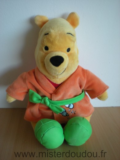 Doudou Ours Disney Winnie nicotoy en veste ou robe de chambre orange ruban vert 