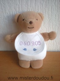 Doudou Ours Dmc Blanc marron bavoir brodé 