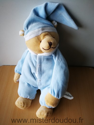 Doudou Ours Doodoo Beige bleu bonnet bleu Pas de boite sonore