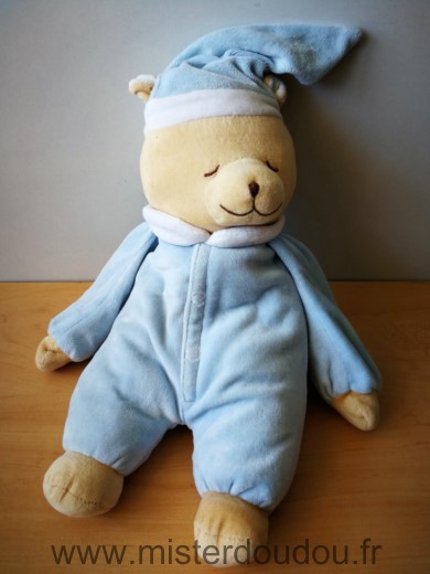 Doudou Ours Doodoo Bleu beige bonnet bleu Pas de boitier sonore