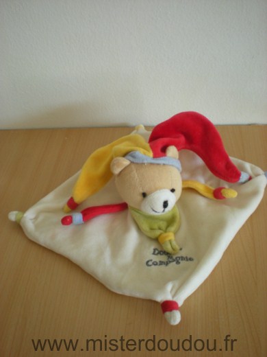 Doudou Ours Doudou et compagnie Arlequin blanc bonnet jaune et rouge 