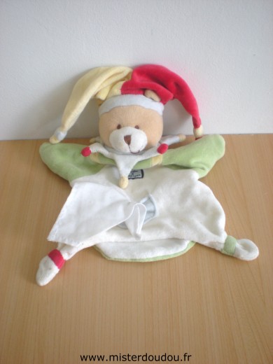 Doudou Ours Doudou et compagnie Arlequin blanc vert bonnet jaune