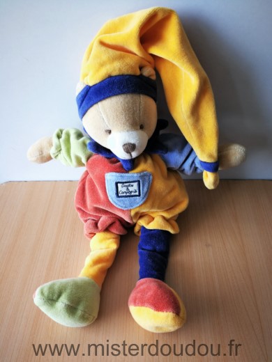 Doudou Ours Doudou et compagnie Arlequin rouge jaune bleu bonnet jaune 