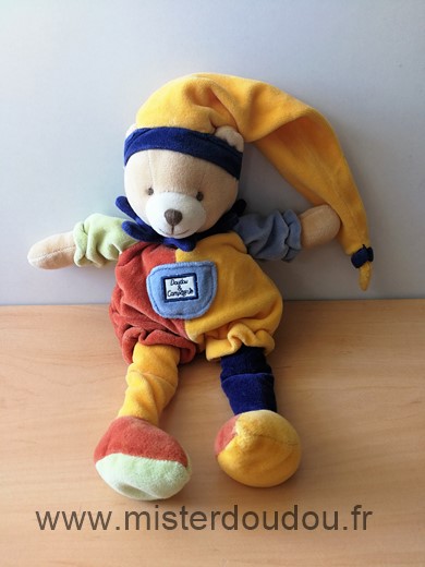 Doudou Ours Doudou et compagnie Arlequin rouge jaune bleu bonnet