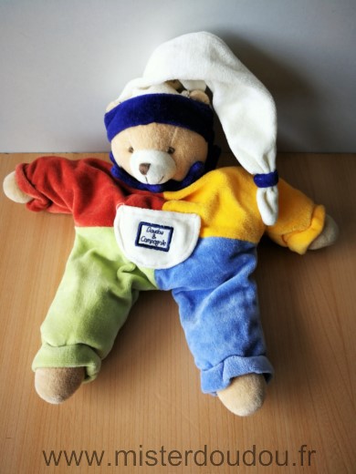 Doudou Ours Doudou et compagnie Arlequin rouge jaune vert bleu bonnet blanc 