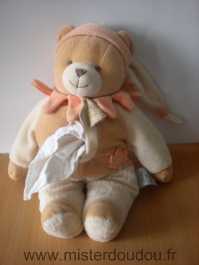 Doudou Ours Doudou et compagnie Beige orange mouchoir blanc 