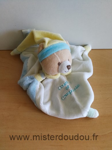 Doudou Ours Doudou et compagnie Blanc bleu bonnet jaune 