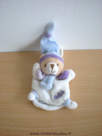 Doudou Ours Doudou et compagnie Blanc bleu mauve Mini marionnette à doigt