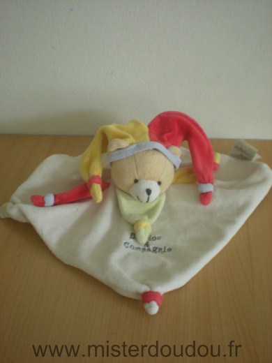 Doudou Ours Doudou et compagnie Blanc bonnet jaune rouge 