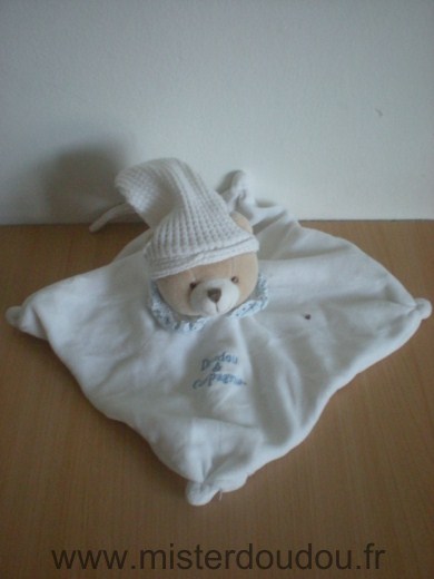 Doudou Ours Doudou et compagnie Blanc col dentelle bleue 