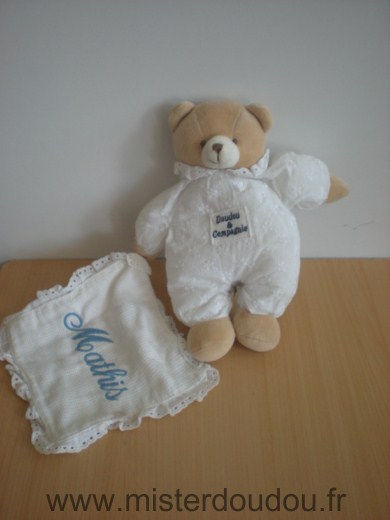 Doudou Ours Doudou et compagnie Blanc dantelle mouchoir blanc brodé mathis 