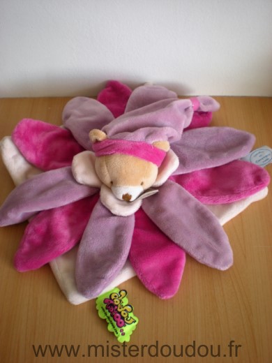 Doudou Ours Doudou et compagnie Blanc fleur petales rose mauve 