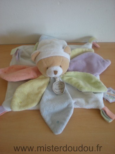 Doudou Ours Doudou et compagnie Blanc fleur petals multicolores orange vert bleu jaune mauve 