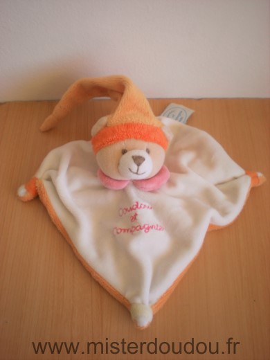 Doudou Ours Doudou et compagnie Blanc orange bonnet orange col rose 