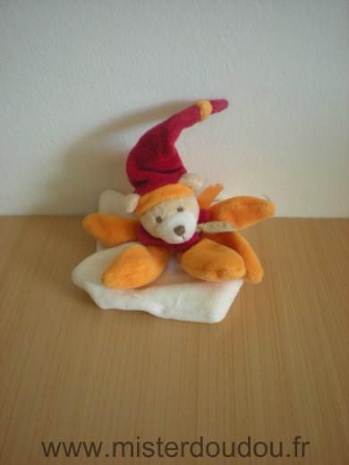 Doudou Ours Doudou et compagnie Blanc orange bonnet rouge Mini doudou