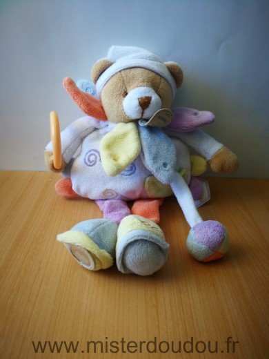 Doudou Ours Doudou et compagnie Blanc orange mauve spirales et petales bleu jaune orange 