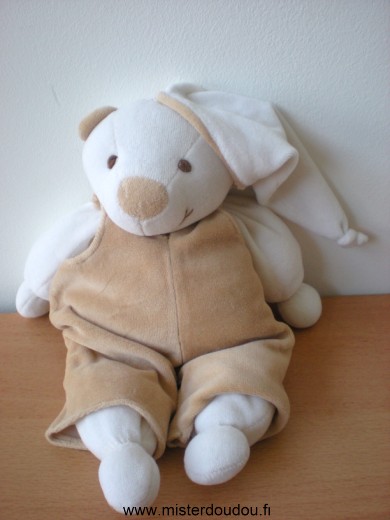 Doudou Ours Doudou et compagnie Blanc salopette beige 