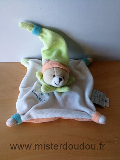 Doudou Ours Doudou et compagnie Blanc saumon bonnet vert 