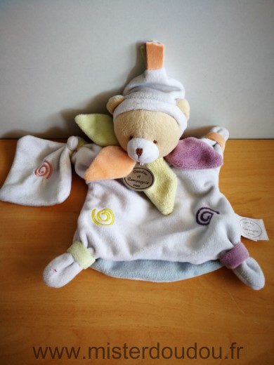 Doudou Ours Doudou et compagnie Blanc spirales mouchoir blanc 