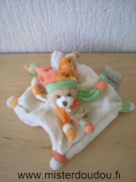 Doudou Ours Doudou et compagnie Blanc vert orange Petit modèle attache sucette