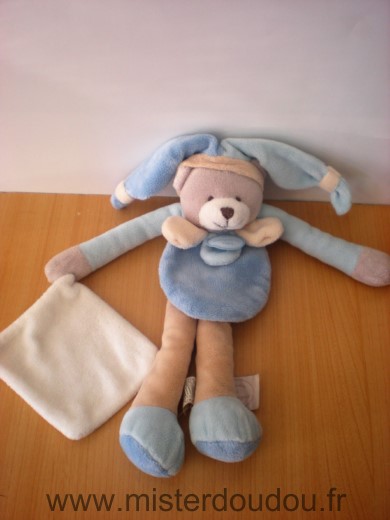 Doudou Ours Doudou et compagnie Bleu beige mouchoir blanc 