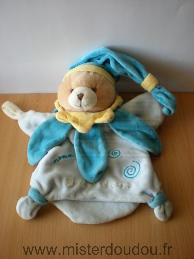 Doudou Ours Doudou et compagnie Bleu petales bleus jaune maman 