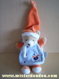 Doudou Ours Doudou et compagnie Cape bleue avec flocons de neige et bonnet orange. Ours firmin