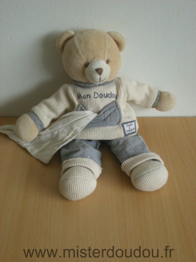 Doudou Ours Doudou et compagnie Ecru bleu avec mouchoir 