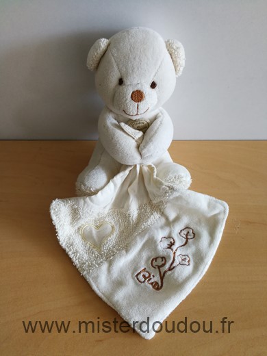 Doudou Ours Doudou et compagnie Ecru mouchoir bio coeur 