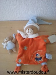 Doudou Ours Doudou et compagnie Firmin à la neige orange bleu avec flocons brodés 