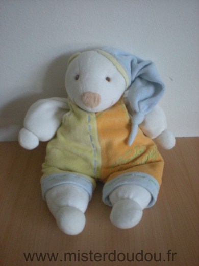 Doudou Ours Doudou et compagnie Fripon blanc salopette orange jaune bleu 