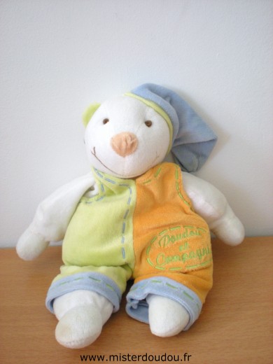 Doudou Ours Doudou et compagnie Fripon salopette orange vert 