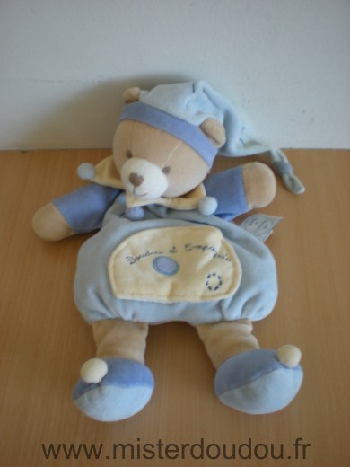 Doudou Ours Doudou et compagnie Leo bleu jaune avec poche 